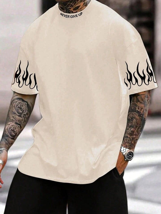 Men's Loose Fit Drop Shoulder With Slogan And Flame Print.