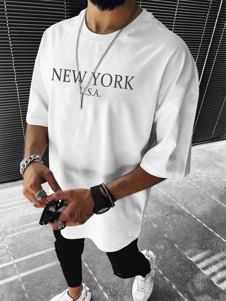 Men's New York Letter Black Printed Drop Shoulder.