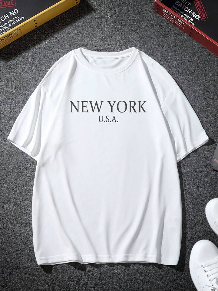 Men's New York Letter Black Printed Drop Shoulder.