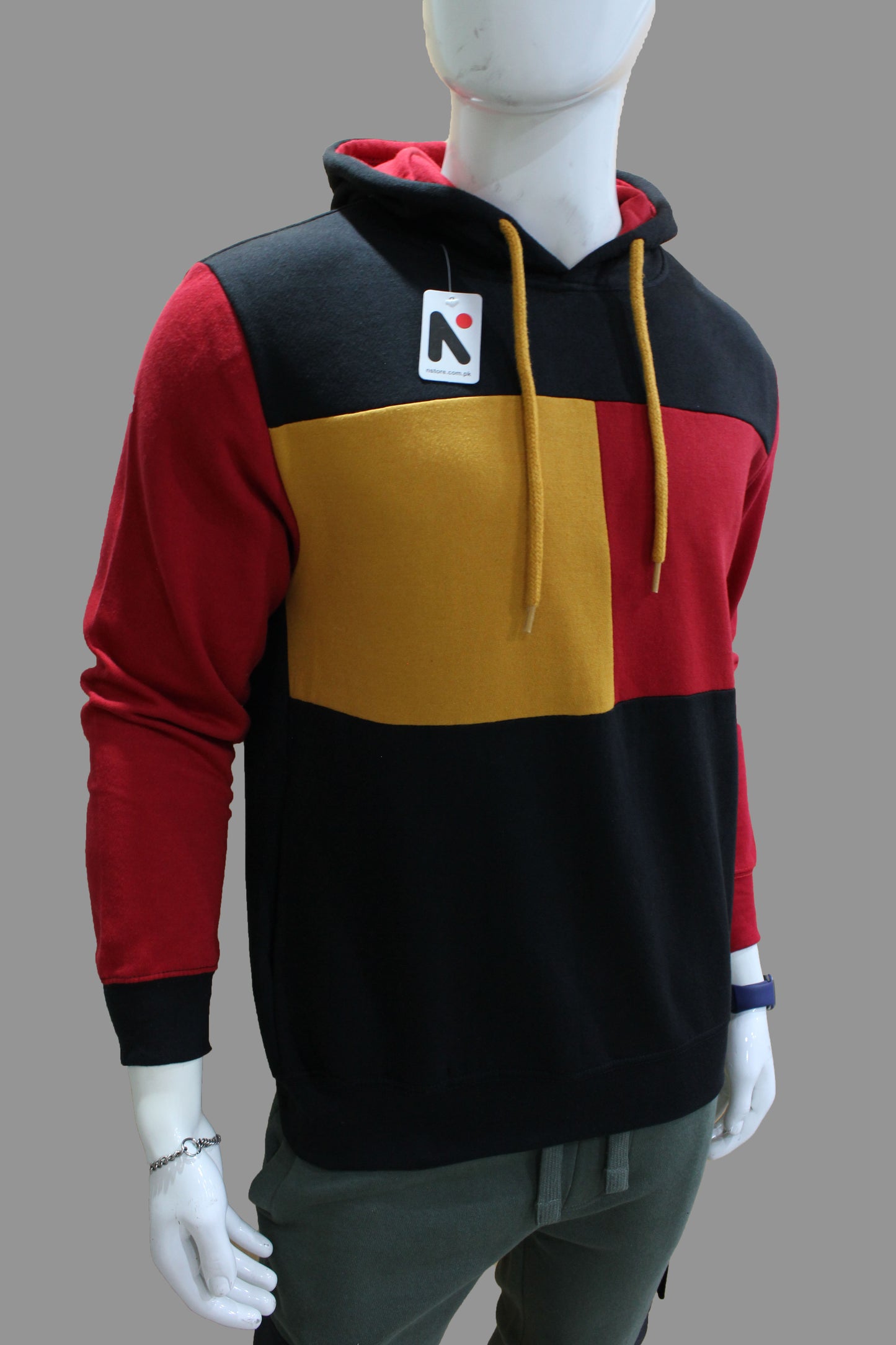 Three Tone Hoodie Pullover With Red Sleeves