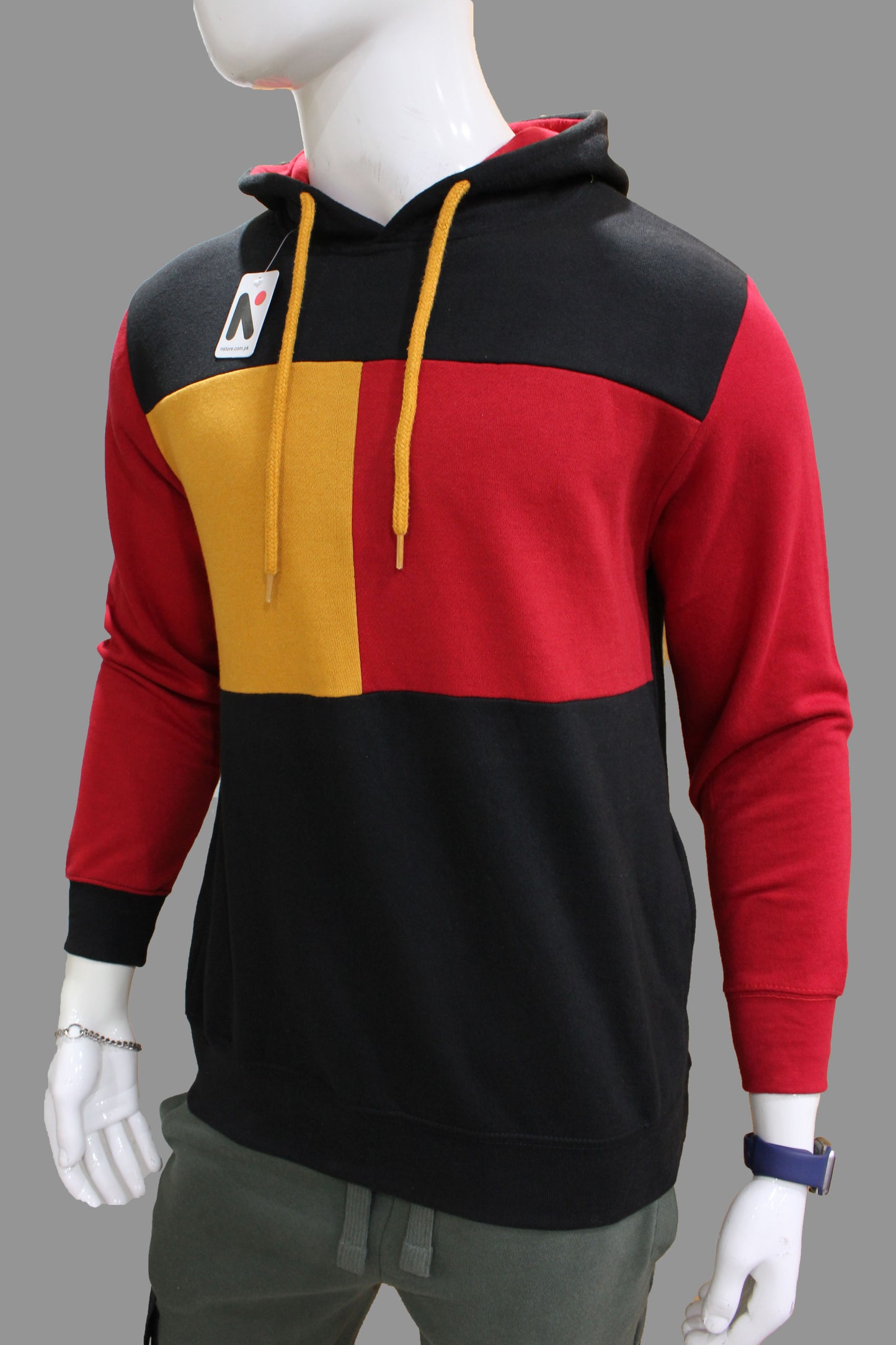 Three Tone Hoodie Pullover With Red Sleeves