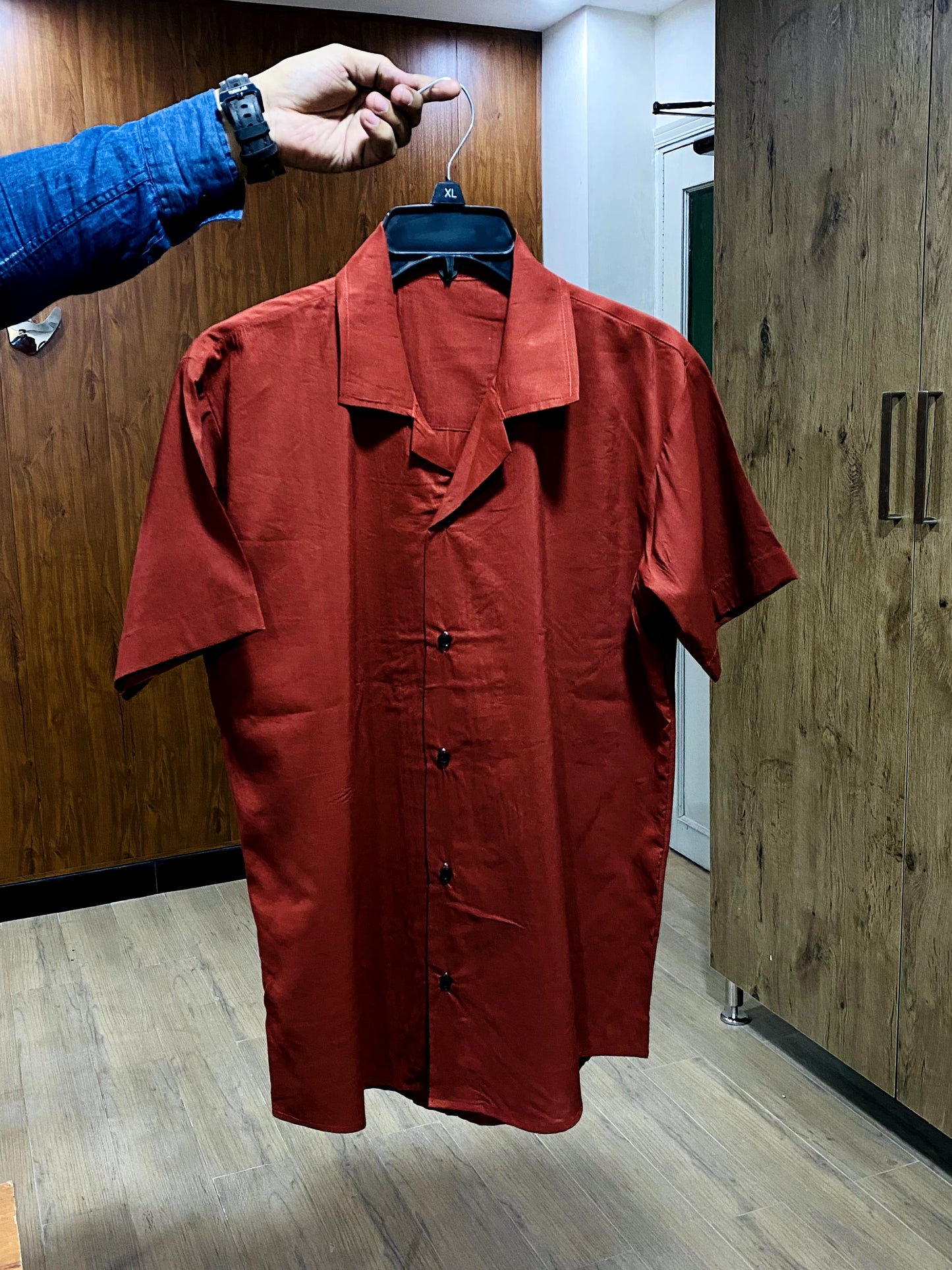 Men's Casual Solid Silk Red Color Shirt.