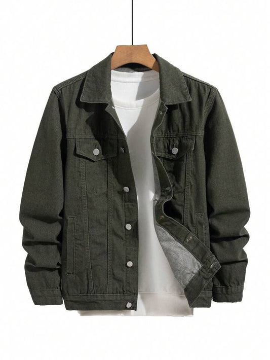 Men's Hypemode Loose Casual Long Sleeve Army Green Denim Jacket