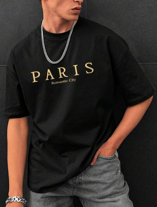 Men's Gold Letter Printed Drop Shoulder