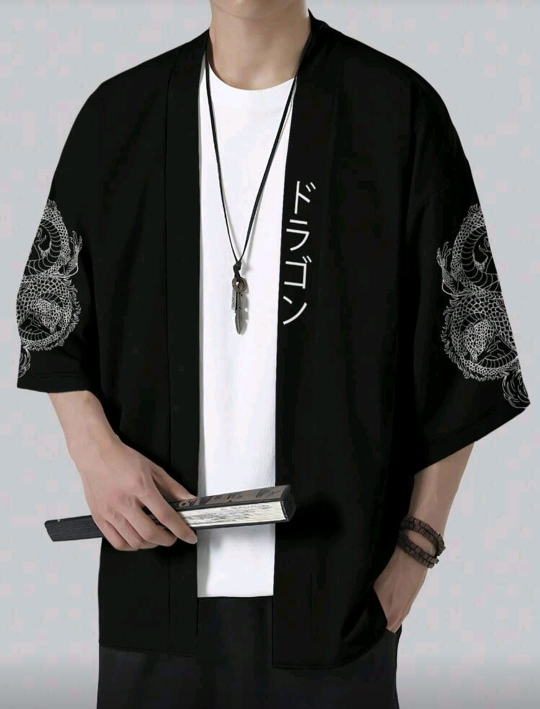 Men's Dragon Printed Kimono Drop Shoulder Shirt Without Tee.