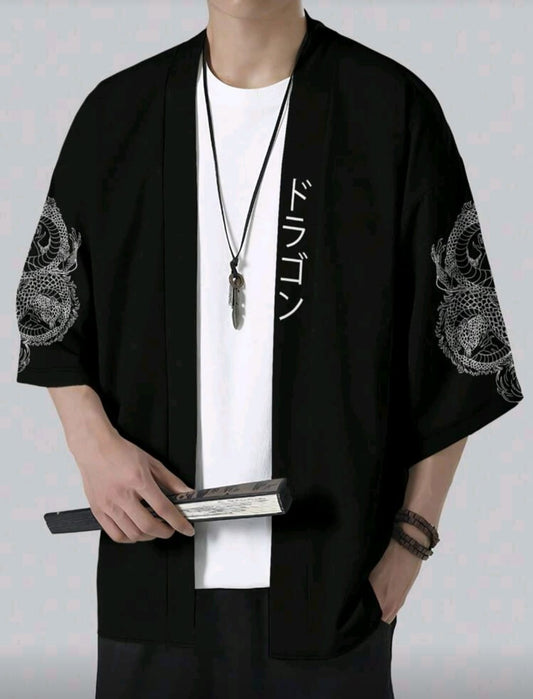 Men's Dragon Printed Kimono Drop Shoulder Shirt Without Tee.