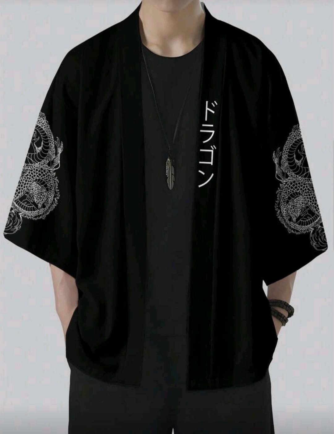 Men's Dragon Printed Kimono Drop Shoulder Shirt Without Tee.