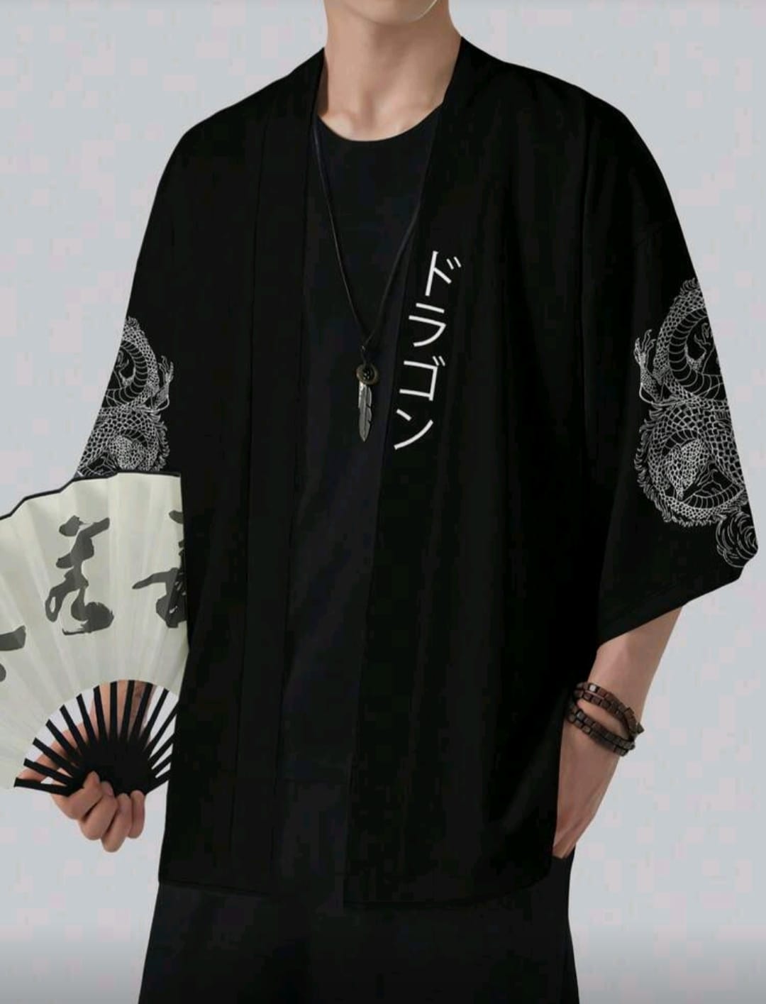 Men's Dragon Printed Kimono Drop Shoulder Shirt Without Tee.