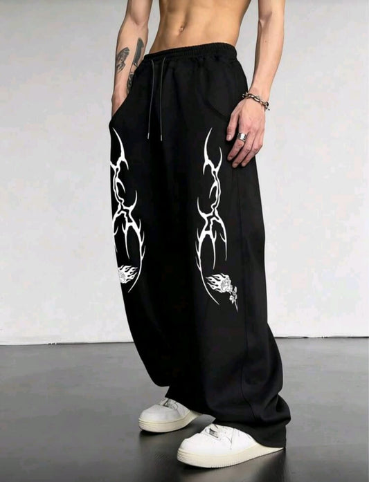 Men's Letter Abstract Print Drawstring Waist Slant Pocket Sweatpants.