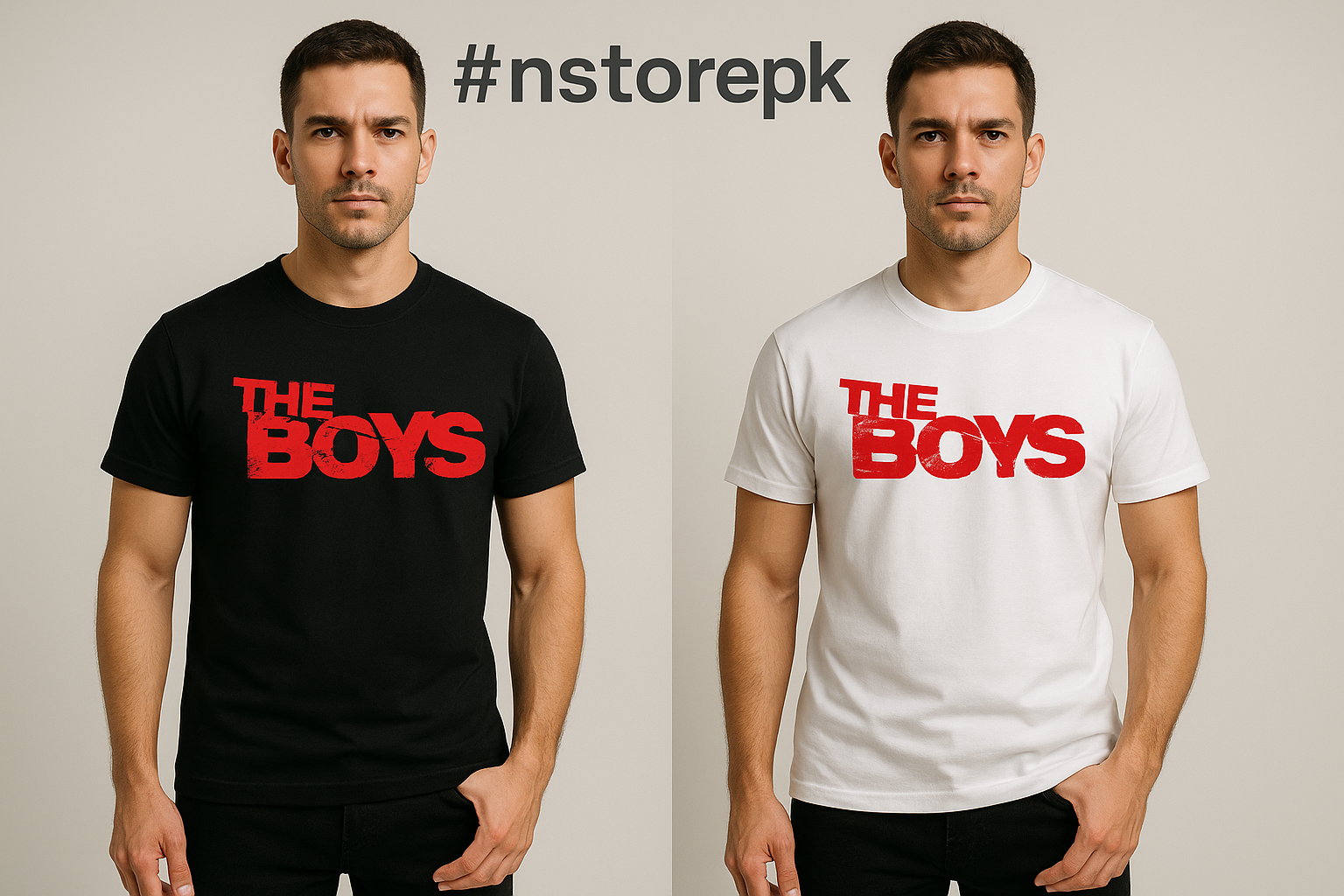 Create image with male model wear with black & white t-shirts with 'THE BOYS' text in red and white, one with the front facing forward the hashtag #nstorepk as per showing in reference image.